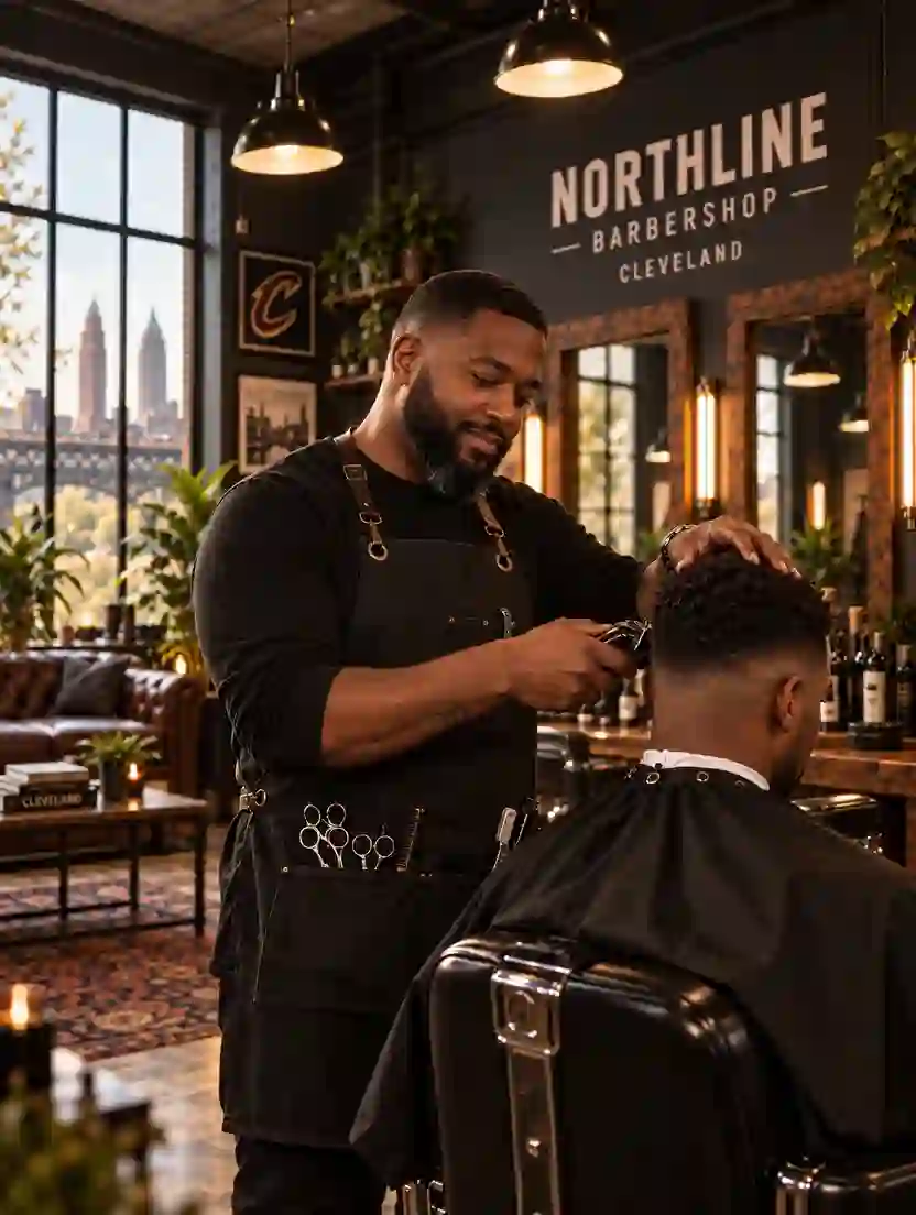 A Northline barber finishing a fade under warm shop lights